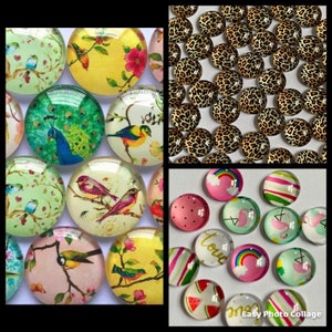 May include: Assortment of colourful glass cabochons with various designs, including birds, peacocks, flowers, leopard print, rainbows, flamingos, and watermelon.