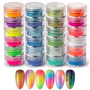 May include: Set of six small jars filled with colourful glitter powder. Each jar has a clear lid and is stacked on top of each other. The glitter powder is in various shades of green, blue, orange, pink, and yellow. The image also shows six painted nails with a gradient of colours.