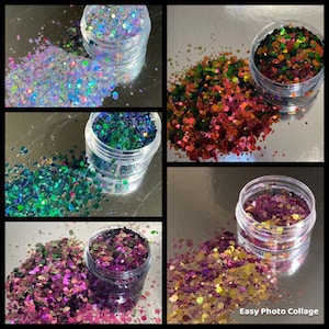 May include: Four small jars of iridescent glitter, each with a different color combination. The colors include iridescent blue, green, red, and purple.