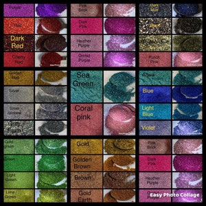 May include: A range of glitter colours in small containers, including purple, pink, red, green, blue, gold, and silver. The glitter is arranged in a grid pattern with the colour names listed below each container.