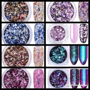 May include: Assortment of ten small jars filled with iridescent glitter flakes in various colours, including gold, silver, blue, purple, pink, and green. Each jar has a clear lid and is arranged in a grid pattern.