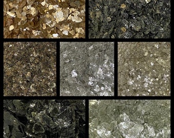 May include: A collage of close-up images showcasing various colors and textures of mica flakes. The flakes range in color from gold and silver to dark gray and clear, with a shimmering, reflective quality. The images are arranged in a grid.