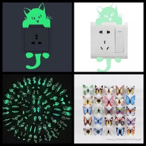 Puede incluir: Un conjunto de pegatinas de pared que brillan en la oscuridad con mariposas y un gato. Las mariposas están dispuestas en un patrón circular, mientras que el gato se muestra mirando por encima de un interruptor de luz. Las pegatinas son una forma divertida y caprichosa de añadir un toque de personalidad a cualquier habitación.