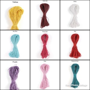 May include: Nine spools of colorful string, each wound into a neat coil. The colors are yellow, wine red, white, sky blue, rose red, red, purple, pink, and peacock blue.