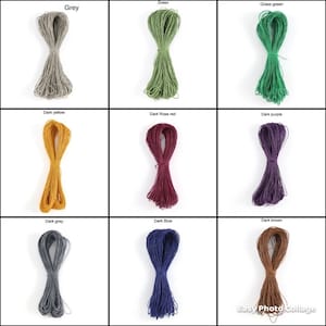 May include: Nine spools of twine in various colors, including grey, green, grass green, dark yellow, dark rose red, dark purple, dark grey, dark blue, and dark brown.