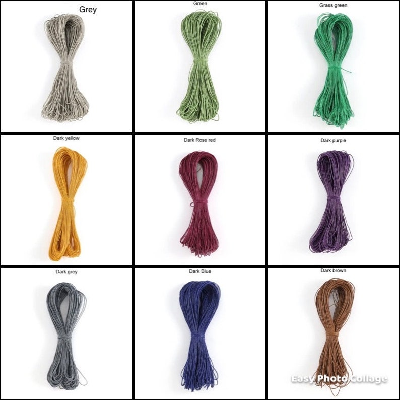 May include: Nine spools of twine in various colors, including grey, green, grass green, dark yellow, dark rose red, dark purple, dark grey, dark blue, and dark brown.