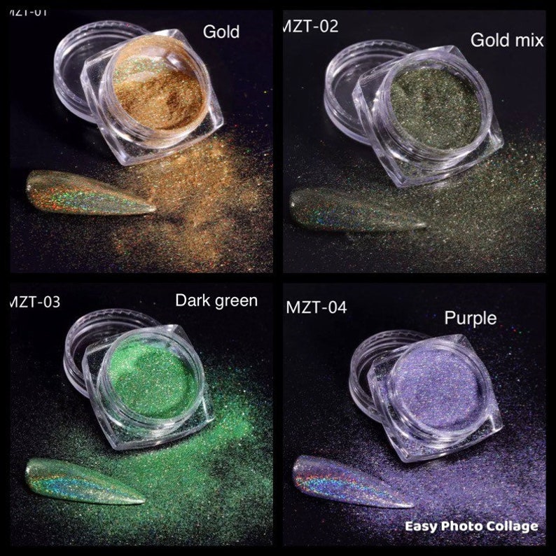 May include: Four small jars of glitter, each with a different color. The jars are labeled with the colors: Gold, Gold mix, Dark green, and Purple. The glitter is loose and spilling out of the jars.