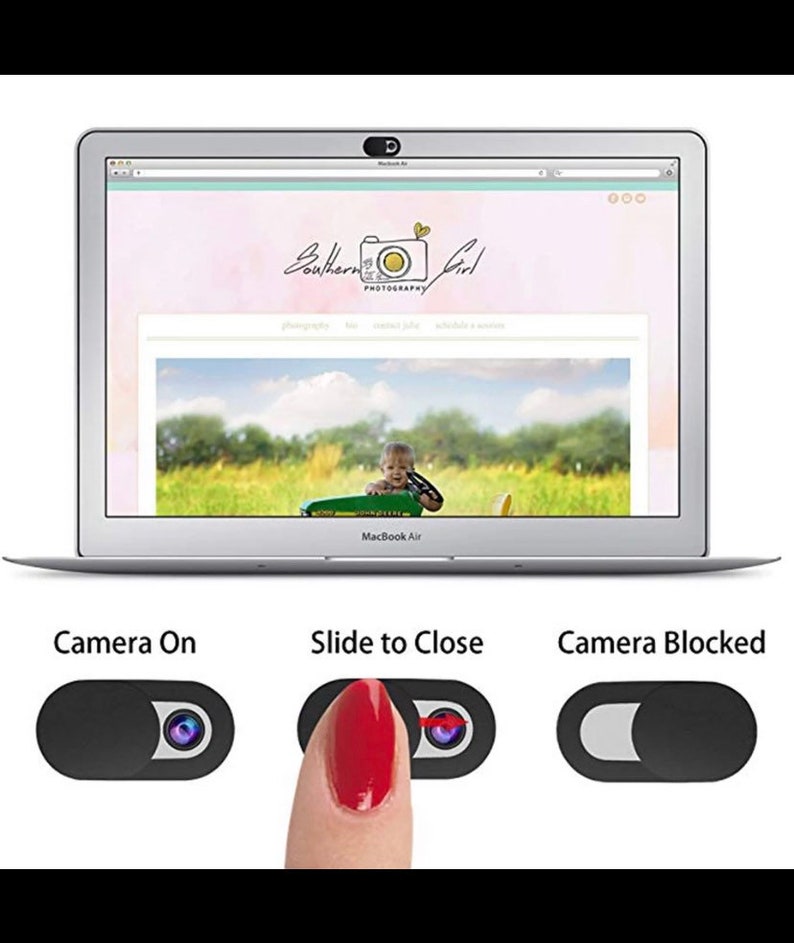 May include: A black webcam cover with a sliding mechanism to block the camera lens. The cover is shown on a laptop with the text "Camera On", "Slide to Close", and "Camera Blocked" above it.