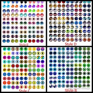 May include: Four rows of colourful eye designs, each row labelled with a different style: Style F, Style D, Style C, and Style B. Each style features a variety of colours and patterns, including blue, green, yellow, red, purple, and black.