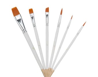 May include: Set of seven paint brushes with white handles and brown bristles. The brushes are arranged in a fan shape with the largest brush at the top and the smallest brush at the bottom. The brushes are labeled with their sizes: 1/2, 1, 2, 3, 4, 6, and 8.