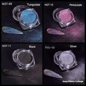 May include: Four small jars of iridescent glitter in turquoise, pink, black, and silver. The jars are labeled with the product codes MZT-09, MZT-10, MZT-11, and TCL-12.