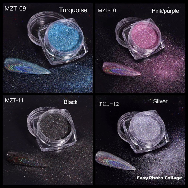 May include: Four small jars of iridescent glitter in turquoise, pink, black, and silver. The jars are labeled with the product codes MZT-09, MZT-10, MZT-11, and TCL-12.