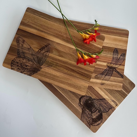 Acacia Wood Serving Board: Laser Engraved Insect Design