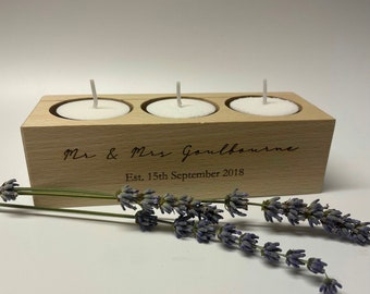 Personalised WOODEN TEALIGHT HOLDER - Engraved on Both Sides - Perfect Wedding, 5th Anniversary or New Home Gift - Postage Included!