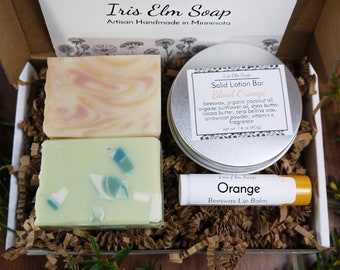 Small Soap Gift Box Set of 2 Half-Size Soap Bars, Beeswax Solid Lotion Bar, and Beeswax Lip Balm - Handmade Self Care Gift