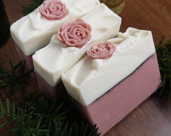 Rose Soap - Shea Butter Soap, Vegan Palm Free Soap, Artisan Handmade Bar Soap, Spa Bath and Body Gift, Cold Process Soap, Rose Clay