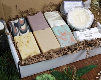 Variety Soap Gift Box Set of 6 Half-Size Soap Bars, Beeswax Lotion Bar, and 2 Lip Balms - Handmade Palm Free Soap Birthday Gift