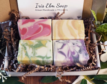 Soap Gift Set of Four Half-Size Bars, Handmade Vegan Palm Free, Assorted Scents, Artisan Soaps, Variety Pack, Mini Soap Gift Box Sampler