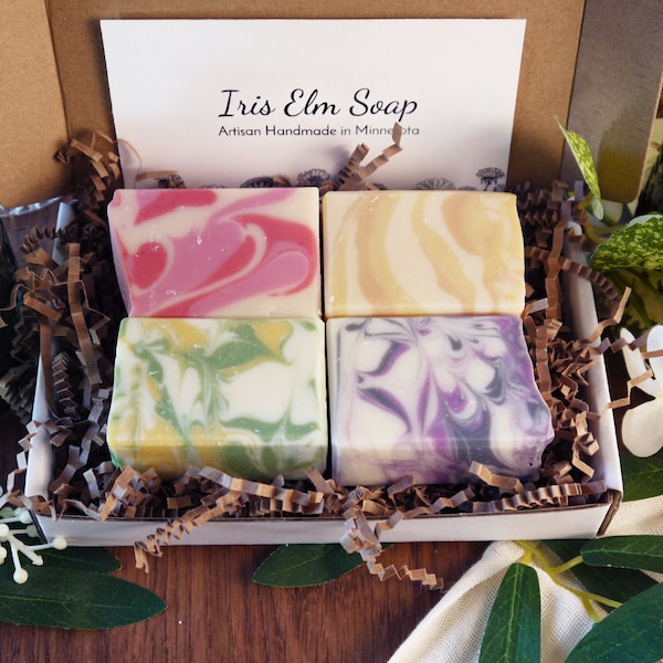 Soap Gift Set of Four Half-Size Bars, Handmade Vegan Palm Free, Assorted Scents, Artisan Soaps, Variety Pack, Mini Soap Gift Box Sampler