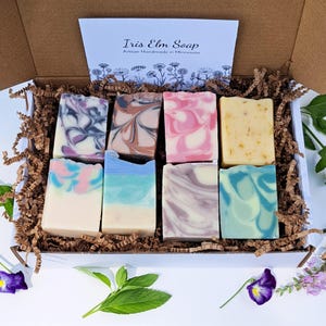 Soap Gift Set of Eight Half-Size Bars, Handmade Vegan Palm Free, Assorted Scents, Artisan Soaps, Variety Pack, Mini Soap Gift Box Sampler
