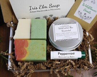 Gardeners Small Soap Gift Box Set of 2 Half-Size Soap Bars, Unscented Beeswax Lotion Bar, and Peppermint Lip Balm - Handmade Gift