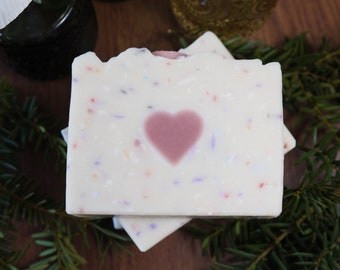 Confetti Heart Soap - Fruit and Floral Scented Coconut Milk Oatmeal Soap, Vegan Palm Free, Cocoa Butter, Artisan Homemade Bath and Body Gift