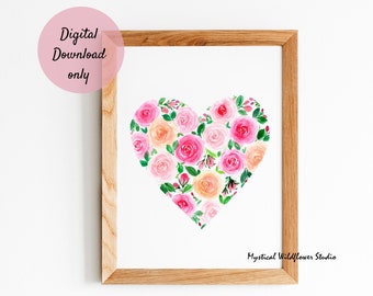 Watercolour Roses Heart Printable, Heart painting Digital Download, Valentines Gift Instant download, Watercolor Heart Wall Art