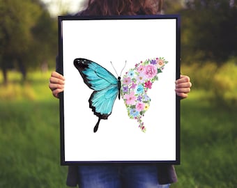 Blue Floral Butterfly Watercolour Art,Poster Print, Fine Art Print, Wall Art  Nursery decor, Kids room decor