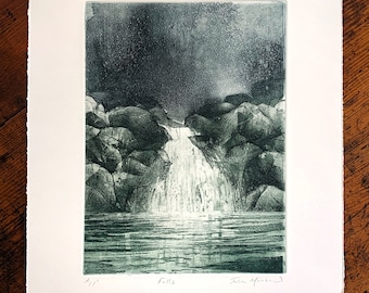 Incisione originale, stampa fine art, intaglio di Jake Muirhead. Cadute