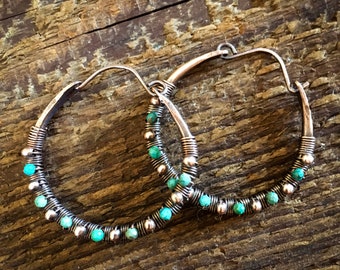 Handmade Copper Hoops With Turquoise 1 1/4 Inch, Beaded Hoops, Rustic Hoops, Turquoise Earrings, Copper Jewelry, Boho Hoops