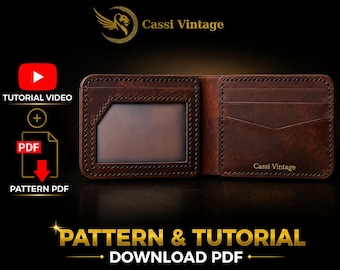 May include: A brown leather wallet with visible stitching and a clear ID window. The wallet has multiple card slots and the text "Cassi Vintage". The image also includes a YouTube tutorial video icon and a PDF download icon with the text "Pattern & Tutorial Download PDF".