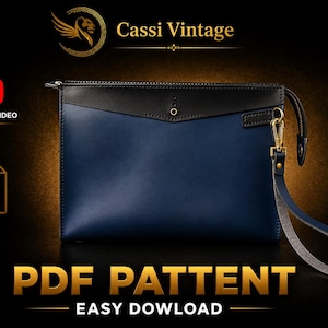 May include: A navy blue and black leather clutch with a gold-colored wrist strap. The image includes the text "Cassi Vintage", "Tutorial Video", and "PDF PATTERN EASY DOWNLOAD".