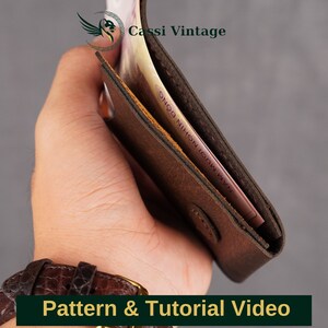 May include: A brown leather wallet, partially open, showing folded banknotes. The wallet is held in a hand, with a brown leather watch visible on the wrist. The text "Pattern & Tutorial Video" is at the bottom.