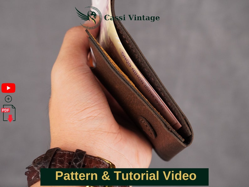 May include: A brown leather wallet, partially open, showing folded banknotes. The wallet is held in a hand, with a brown leather watch visible on the wrist. The text "Pattern & Tutorial Video" is at the bottom.