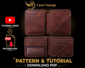 May include: Open brown leather wallet with multiple card slots and a clear ID window. The wallet is shown open, displaying its interior design. The image also includes text that says "Pattern & Tutorial Download PDF".