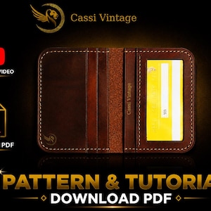 Könnte beinhalten: Ein braunes Lederportemonnaie mit Kartenfächern und einem transparenten Ausweisfach. Das Portemonnaie hat einen genähten Rand und den Text "Cassi Vintage". Das Bild enthält auch den Text "Pattern & Tutorial Download PDF".