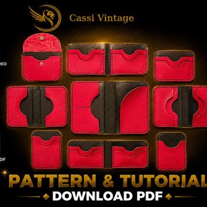 Puede incluir: Una colección de patrones y tutoriales de carteras de cuero rojo y negro. La imagen muestra varios diseños de carteras, incluyendo tarjeteros y carteras plegables. El texto "PATTERN & TUTORIAL DOWNLOAD PDF" es visible.