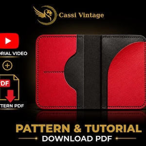 以下が含まれることがあります： ステッチの縁取りが付いた赤と黒の革製財布。画像には「Cassi Vintage」、「Tutorial Video」、「Pattern PDF」というテキストが含まれています。「Pattern & Tutorial Download PDF」という言葉も表示されています。