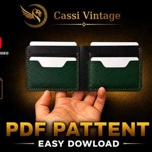 May include: Open leather wallet with green and black sections, holding white cards. The wallet is held open by a hand. The image includes the text "Cassi Vintage" and "PDF PATTERN EASY DOWNLOAD".