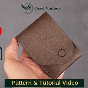 May include: A brown leather wallet with a flap closure and a stitched circular design. The image includes the text "Pattern & Tutorial Video" and the logo "Cassi Vintage".