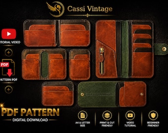 Puede incluir: Una colección de carteras y tarjeteros de cuero marrón con detalles en verde y negro. La imagen incluye una cartera larga con cremallera, varias carteras plegables y un tarjetero. El texto dice "PDF Pattern - Digital Download."