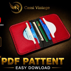 May include: A red and black leather wallet with multiple card slots, holding various credit cards. The wallet is open, displaying its interior design. The image also includes text that says "PDF PATTERN EASY DOWLOAD" and a logo that says "Cassi Vintage".