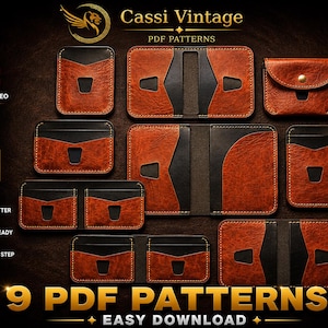 May include: A collection of nine leather wallet PDF patterns in various designs, including cardholders and bi-fold wallets. The wallets are brown and black, with visible stitching. The image includes the text "Cassi Vintage PDF Patterns" and "9 PDF Patterns Easy Download."