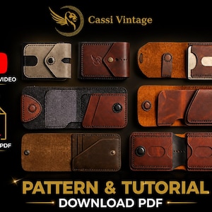 May include: A selection of handmade leather wallets in shades of brown, tan, and black, set against a dark backdrop. The image features the text "Pattern & Tutorial Download PDF" and a YouTube tutorial video icon.