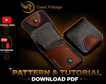 May include: Two leather wallets, one open and one closed, displayed on a dark background. The open wallet reveals card slots and a brown interior. The closed wallet is black with a brown accent. The text "PATTERN & TUTORIAL DOWNLOAD PDF" is visible.