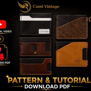 Puede incluir: Una variedad de tarjeteros de cuero en varios colores, incluyendo negro, marrón y beige, se muestran sobre un fondo oscuro. La imagen incluye el texto "Cassi Vintage" y "Pattern & Tutorial Download PDF". También hay un icono de video tutorial de YouTube y un icono de descarga de PDF.