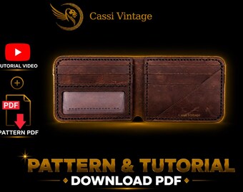 May include: Open brown leather wallet with card slots and a clear ID window. The wallet is stitched with dark thread and features the text "Cassi Vintage". The image also includes a "Pattern & Tutorial Download PDF" graphic.