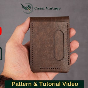 May include: A brown leather wallet with a vertical card slot is held in a hand. The wallet has a stitched border and a folded top. The text "Cassi Vintage" and "Pattern & Tutorial Video" are visible.