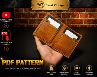 May include: Open brown leather wallet with card slots, held in a hand. The wallet is open, revealing white cards in the slots. The image includes text that says "PDF PATTERN DIGITAL DOWNLOAD".