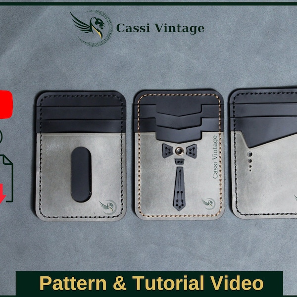 Set di 3 modelli di porta carte in pelle, modello di portafoglio minimale, fai da te in pelle, download Pdf, modello di portafoglio con video